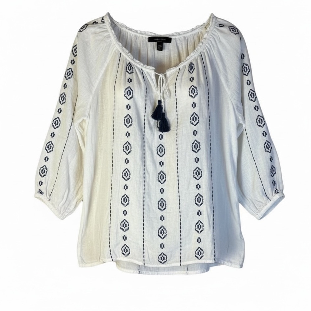 Nine West Boho White Cotton Peasant Blouse With Blue embroidery and Tassels L - Picture 2 of 9